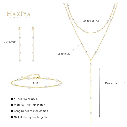 HAXIYA Gold Pearl Y-Shaped Necklace for Women Layered Lariat Long Pendant | 14K Gold Plated/Sterling Silver Dainty Drop Chain Layered Pearl/Beaded Necklaces Simple Gold Jewelry for Women - color: Pearl Set - Gold
