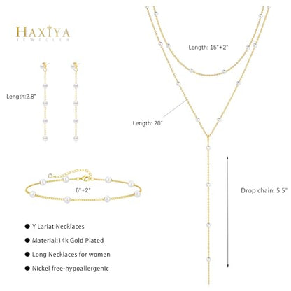 HAXIYA Gold Pearl Y-Shaped Necklace for Women Layered Lariat Long Pendant | 14K Gold Plated/Sterling Silver Dainty Drop Chain Layered Pearl/Beaded Necklaces Simple Gold Jewelry for Women - color: Pearl Set - Gold