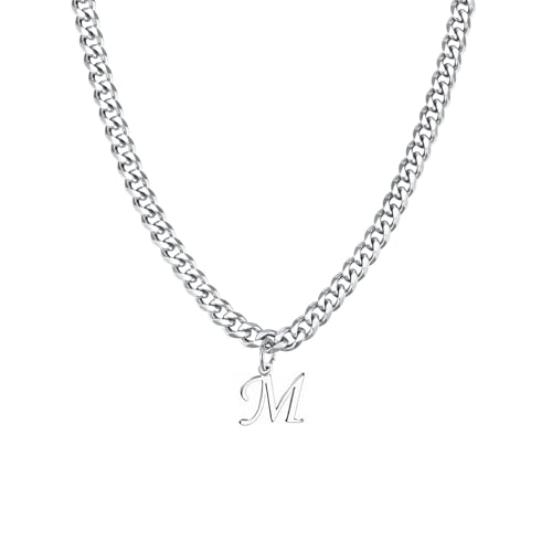 Stainless Steel Initial A-Z Necklace for Men Women,Cuban Chain,Titanium Steel Initial Letter Pendant Charm Necklaces Accessories Jewelry for Woman Man,21 Inch Chain - color: M