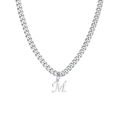 Stainless Steel Initial A-Z Necklace for Men Women,Cuban Chain,Titanium Steel Initial Letter Pendant Charm Necklaces Accessories Jewelry for Woman Man,21 Inch Chain - color: M