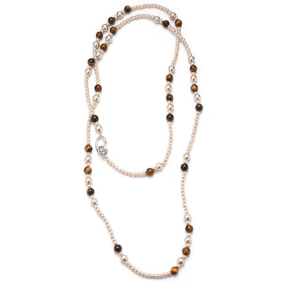 Long Beaded Necklaces for Women Pearl Stone Bead Strand - Layered Sweater Chain Elegant Mother's Day Jewelry Gifts - color: Champagne