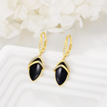 Sterling Silver Black Onyx Earrings for Women 18K Yellow Gold Plated Jewelry Gifts - style: Cubic Zirconia Rhombus