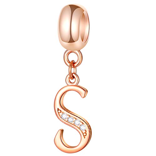 EMOSTAR Letter Charms Initial A-Z Alphabet Beads, Rose Gold 925 Sterling Silver Dangle CZ Birthstone Pendant, Gifts for European Charm Bracelet/Mothers Day/Birthday - color: Letter S