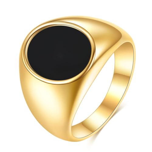 MYNENEY Stainless Steel Round Shape Classical Simple Plain Wedding Engagement Statement Pinky Band Signet Rings for Men Women Size 4-15 - color: Gold+Black