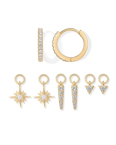 PAVOI 14K Gold Plated Huggie Earring Charms for Women - Mix and Match Huggie Hoop Earrings with Charms Pack - Dangle Dainty Motif Set with Cubic Zirconia, Heart, Cross, Pearl & Evil Eye Jewelry - Valentines Day Trendy Jewelry - style: North Star