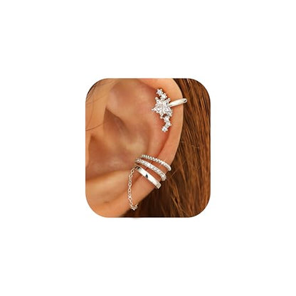 Florideco 4 PCS Ear Cuffs Non Piercing Hypoallergenic 14K Gold Plated Ear Cuff Earrings for Women Trendy CZ Clip On Cartilage Earring Set Dainty Adjustable Fake Piercings Earrings - color: Northstar: Silver Plated