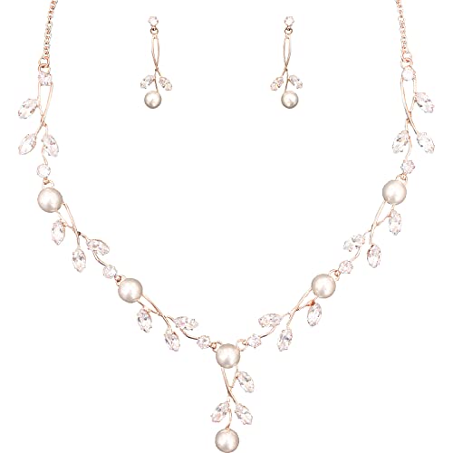 Luxury Cubic Zirconia Aurtrian Crystal Pearl Floral Necklace Dangle Earrings Wedding Bridal Jewelry Set Birthday Gifts for Her - color: Style1-Clear-Rose Gold Plated