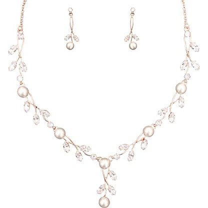 Luxury Cubic Zirconia Aurtrian Crystal Pearl Floral Necklace Dangle Earrings Wedding Bridal Jewelry Set Birthday Gifts for Her - color: Style1-Clear-Rose Gold Plated