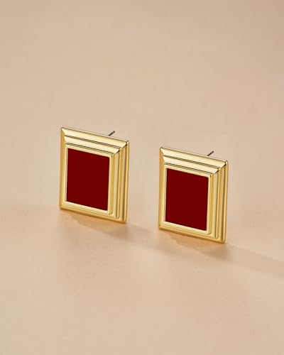 18K Gold Plated Burgundy Maroon Black Large Chunky Thin Ribbed Chamfered Square Geometric Dangle Stud Statement Earrings for Women by SNGIA , Big Tropical Button Bohemian Handmade Trendy Baroque Enamel Vacation Summer Chandelier Drop Jewelry Gifts, Rectan