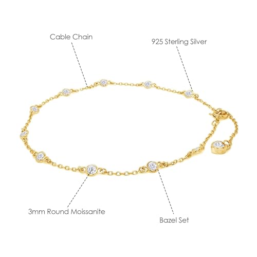 Link Chain Station Anklet Bracelet for Women 1.00 CT | 3MM Round Moissanite in Sterling Silver Jewelry for Her 8" to 10" - color: A2 : Yellow Gold