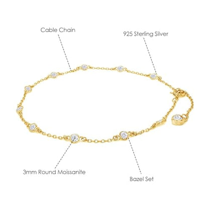 Link Chain Station Anklet Bracelet for Women 1.00 CT | 3MM Round Moissanite in Sterling Silver Jewelry for Her 8" to 10" - color: A2 : Yellow Gold
