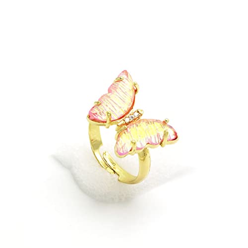 COLORFUL BLING Adjustable Elegant Transparent Crystal 3D Butterfly Rings for Women Aesthetic Gold Plated Cute Animal Insect Open Finger Cuff Ring Birthday Valentine Gifts - color: pure pink