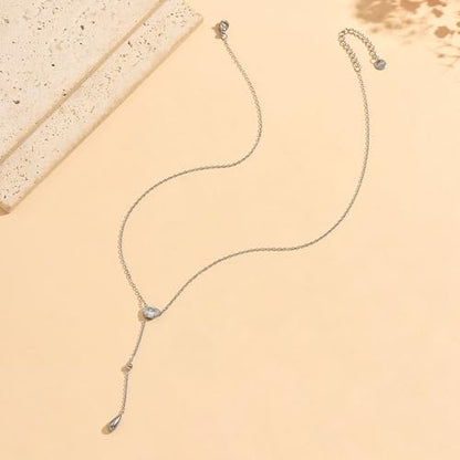 Dainty 18K Gold Plated Lariat Necklace for Women Delicate Y Chain Rose Pearl Diamond Long Drop Necklace Layering Bridal Jewelry Gift - color: CZ Waterdrop-White Gold