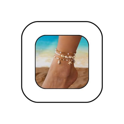 Boho Shell Ankle Bracelet Set for Women Gold Plated Adjustable Anklet Beach Inspired Foot Jewelry with Starfish & Pearl Charms - color: E