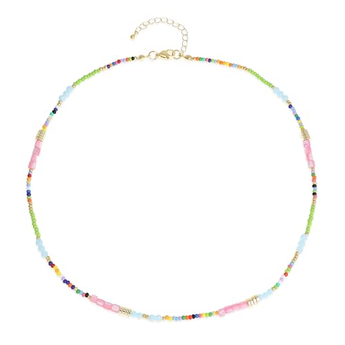 Gold Seed Beaded Necklaces for Women, Boho Handmade Adjustable Colorful Beads Choker Summer Beach Jewelry Gift. - color: Pink Green