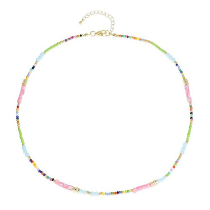 Gold Seed Beaded Necklaces for Women, Boho Handmade Adjustable Colorful Beads Choker Summer Beach Jewelry Gift. - color: Pink Green