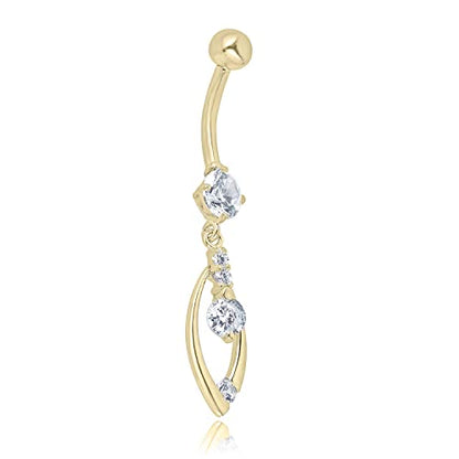 AVORA 10K Gold Simulated Diamond CZ Dangling Fancy Teardrop Belly Button Ring Body Jewelry (14 Gauge) - color: Yellow Gold