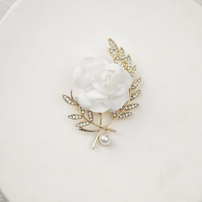 Handmade Elegant Red Rose Flower Brooch Pin for Women Crystal Pearl Fabric Flower Lapel Pin Dress Suit Accessories - color: White A