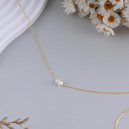 Pearl Necklaces for Women, Dainty Gold Necklace 14K Gold Plated Charm CZ Pearl Pendant Necklace Simple Gold Pearl Choker Necklaces for Women Trendy Wedding Womens Jewelry - color: two pearl necklace-gold