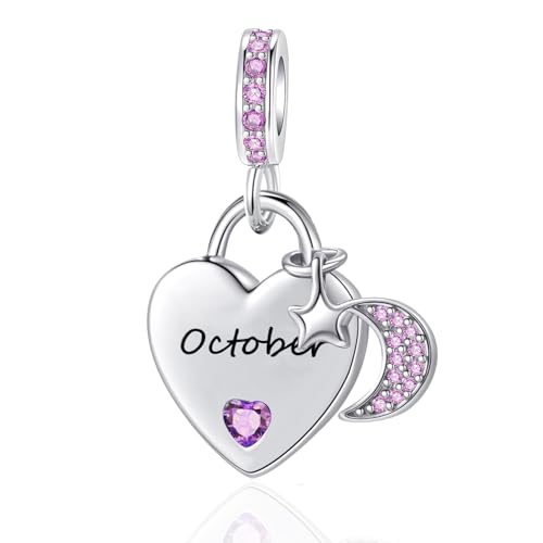 12 Months Birthstone Heart Charm Moon and Star Pendant Bead Compatible with Pandora Bracelet Women - style: October