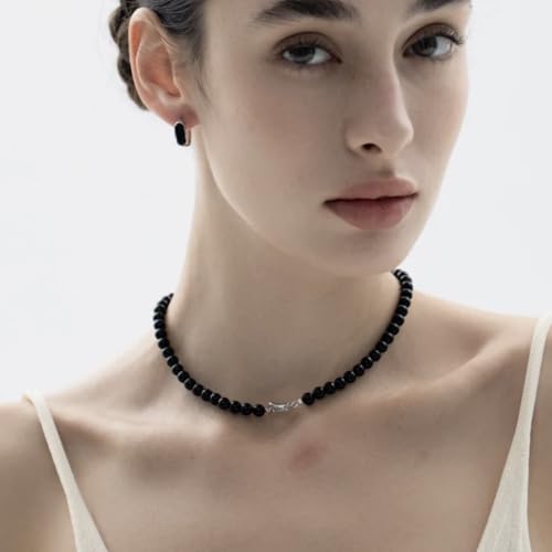 SukAmi 4-10mm Pearl Choker Men Black Pearl Necklace Women Faux Pearl Necklaces 45CM - size: 4mm