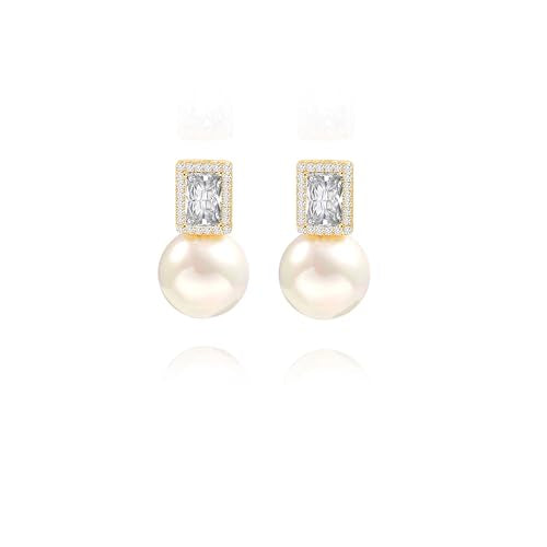 925 Sterling Silver Hoop Handpicked AAA+ Quality 7.5-8mm White Freshwater Cultured Pearl Dangle Drop Earrings Jewelry for Women - color: 4. Gold Plated CZ