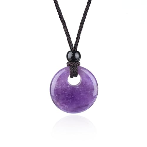 20mm Natural Stone Necklace Peace Button Pendant, Healing Crystal Necklace for Women Men,Gemstone comes with an adjustable rope cord (11.81 to 12.59 inches) Unisex - color: Amethyst
