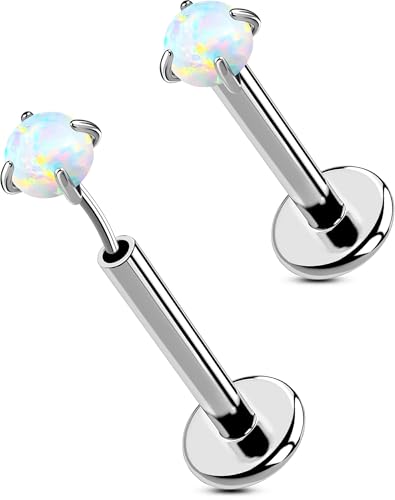 OUFER 2PCS 16G/20G Nose Lip Studs, G23 Solid Titanium Threadless Push in Nose Nostril Lip Labret Medusa Monroe Helix Cartilage Tragus Conch Lobe Piercing Jewelry for Women Men - color: Silver bar, Claw Opal, size: 2pcs, 16g 8mm, 2.5mm Opal