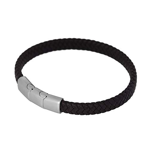 Geoffrey Beene Men's Braided Genuine Leather Bracelet with Stainless Steel Closure - color: Brown, Silver