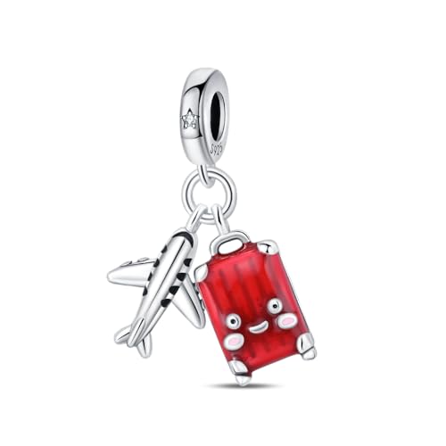 Pandach 925 Sterling Silver Charms for Bracelets and Necklaces Travel Round The World Beads Charms Relaxation Dangle Pendant,Jewelry Beads Gifts for Women - style: Red Luggage Charms