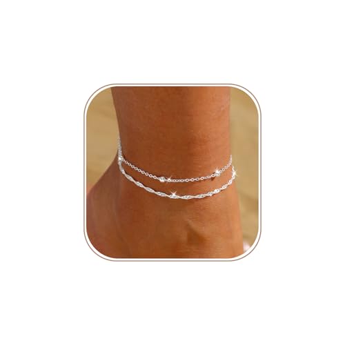 Gold/Silver Anklets for Women Waterproof 14K Gold/Silver Plated Ankle Bracelet Trendy Layered Adjustable Shining Chain Set Summer Beach Sparkle Jewelry Gift Non Tarnish Lightweight Hypoallergenic - color: SL