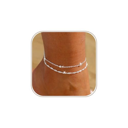 Gold/Silver Anklets for Women Waterproof 14K Gold/Silver Plated Ankle Bracelet Trendy Layered Adjustable Shining Chain Set Summer Beach Sparkle Jewelry Gift Non Tarnish Lightweight Hypoallergenic - color: SL