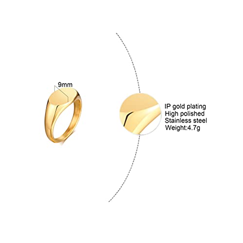 HIJONES Mens Stainless Steel Signet Ring Matte Brushed Square | Simple Statement ,Wedding Band,Polished Round - color: 9mm-Gold