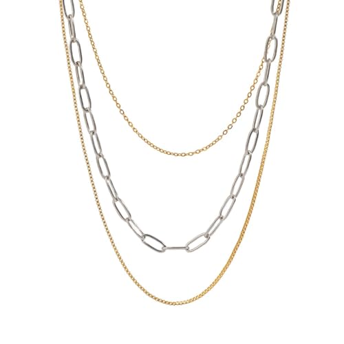 Stackable Chains Women 18K Plated Box Cuban Paperclip Layered Chain Choker Necklace Gold Silver Multi Chain Mixed Metal Stack Chains Set for Women - color: box chain necklace