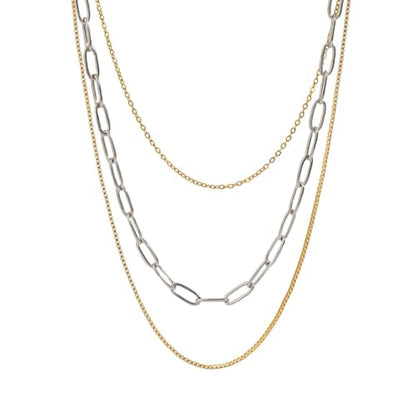 Stackable Chains Women 18K Plated Box Cuban Paperclip Layered Chain Choker Necklace Gold Silver Multi Chain Mixed Metal Stack Chains Set for Women - color: box chain necklace