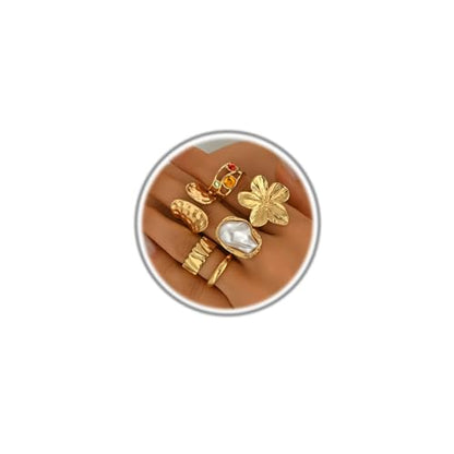 Chunky Stackable Rings Set for Women Non Tarnish Adjustable Open Stacking Knuckle Ring Chunky Joint Finger Midi Rings Pack Dainty Simple Statement Jewelry - style: D-6pcs flower pearl