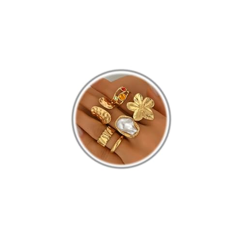 Chunky Stackable Rings Set for Women Non Tarnish Adjustable Open Stacking Knuckle Ring Chunky Joint Finger Midi Rings Pack Dainty Simple Statement Jewelry - style: D-6pcs flower pearl