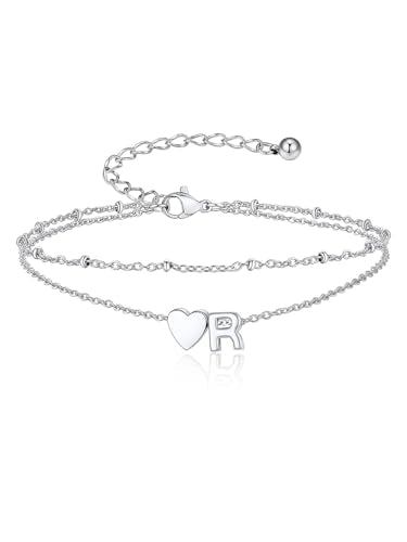 Suplight Initial Ankle Bracelets for Women 14K Gold Plate Waterproof No Tarnish Anklets Layered Heart Letter Anklet Adjustable Plus Size Foot Chain Summer Beach Boho Jewelry Silver Black 8.5-10 Inch - color: Silver, style: 18.R