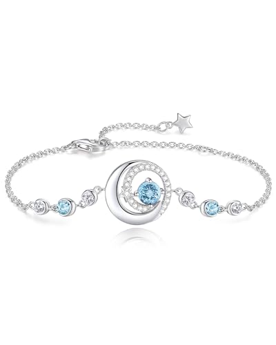FANCIME Birthstone Bracelets 925 Sterling Silver Moon and Star Bangle Charm Bracelet Fine Jewelry Anniversary Birthday Mothers Day Gifts for Mom Her Women, Adjustable Chain 6.7"+1.2" Extend - color: link-3-aquamarine