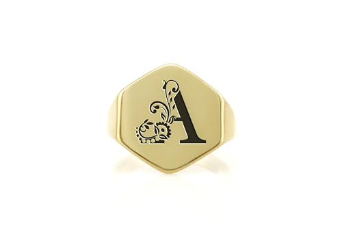 Flower Letter Gold Signet Ring - Custom Initial's Ring - Engraved Letter Signet Ring - Name Ring
