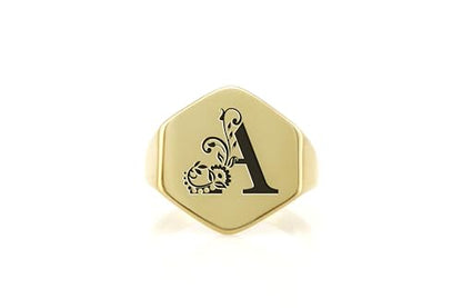 Flower Letter Gold Signet Ring - Custom Initial's Ring - Engraved Letter Signet Ring - Name Ring