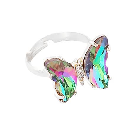 8 Pcs Gold Plated 3D Butterfly Rings Acrylic Adjustable Open Colorful Crystal Bowknot Shaped Band Rings for Women Girls Finger Jewelry - color: mix silver