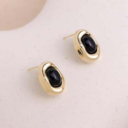 Jean Beau Chunky Gold Stone Stud Earrings for Women, Trendy Natural Gemstone Hypoallergenic Earing Valentine Jewelry Gift - color: Black