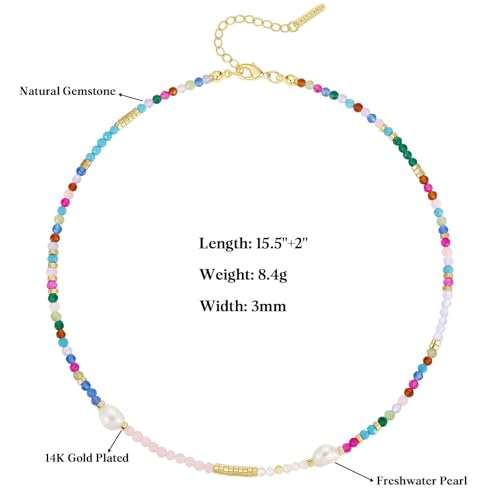 KissYan Beaded Choker Necklace for Women, Colorful Natural Gemstones Pearl Choker 14K Gold Plated Pendant Healing Crystal Necklace Handmade Stone Jewelry Gift | 14K Gold Plated Pendant Necklaces, Natural Gemstones Pearl Choker, Healing Crystal Chain, Hand