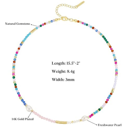 KissYan Beaded Choker Necklace for Women, Colorful Natural Gemstones Pearl Choker 14K Gold Plated Pendant Healing Crystal Necklace Handmade Stone Jewelry Gift | 14K Gold Plated Pendant Necklaces, Natural Gemstones Pearl Choker, Healing Crystal Chain, Hand