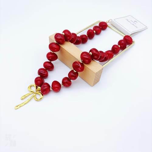 Red Beaded Necklace for Women Chunky Beaded Necklace Adjustable Acrylic Bead Choker Necklaces Big Statement Necklaces Jewelry Accessories - color: Red Bead Bow Necklace