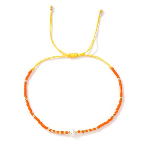 Boho Colorful Glass Gold Plated Seed Beaded Bracelets or Women, Handmade Romantic Freshwater Pearl Adjustable String Braided Rope Jewelry, Summer Beach Daily Party Friendship Gift - color: Orange