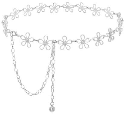 Women's Waist Chain Flower Metal Belt for Dresses Jeans | Adjustable Belly Waist Chain - color: Hollow Flower Silver, size: M: 120cm/47in