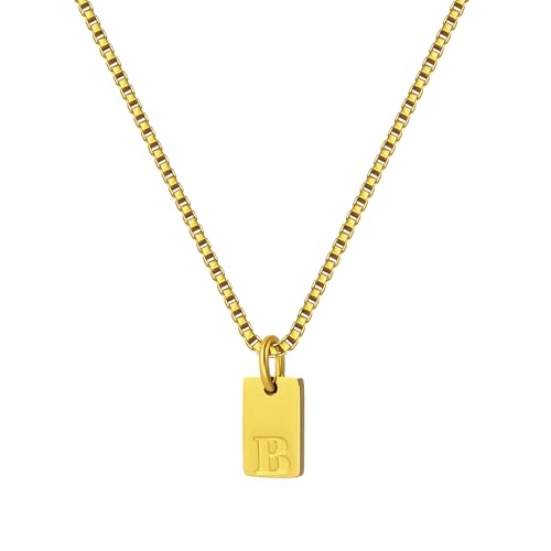 Gold Plated Square Initial Necklace Waterproof A-Z Letter Pendant on Thin Chain - Dainty, Stackable Jewelry for Women - color: Golden-B, size: F