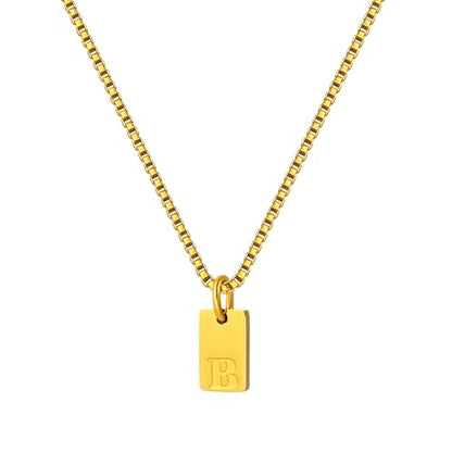 Gold Plated Square Initial Necklace Waterproof A-Z Letter Pendant on Thin Chain - Dainty, Stackable Jewelry for Women - color: Golden-B, size: F